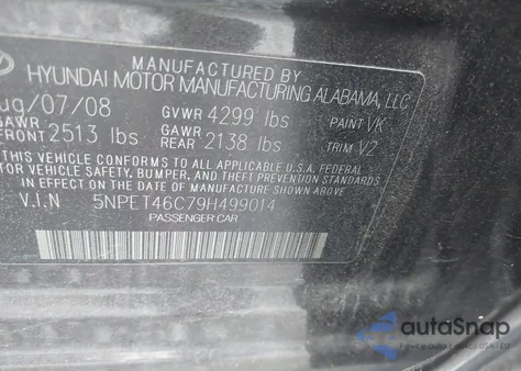 2009 Hyundai Sonata Gls z USA, uszkodzony, nr VIN 5NPET46C79H499014